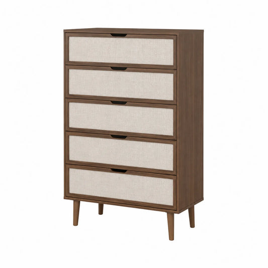 Holz-Kommode mit Textilfronten, 5 Schubladen, Braun/Beige