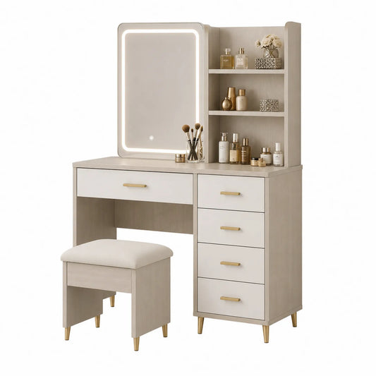 Schminktisch-Set mit LED-Spiegel Holz Beige mit Hocker