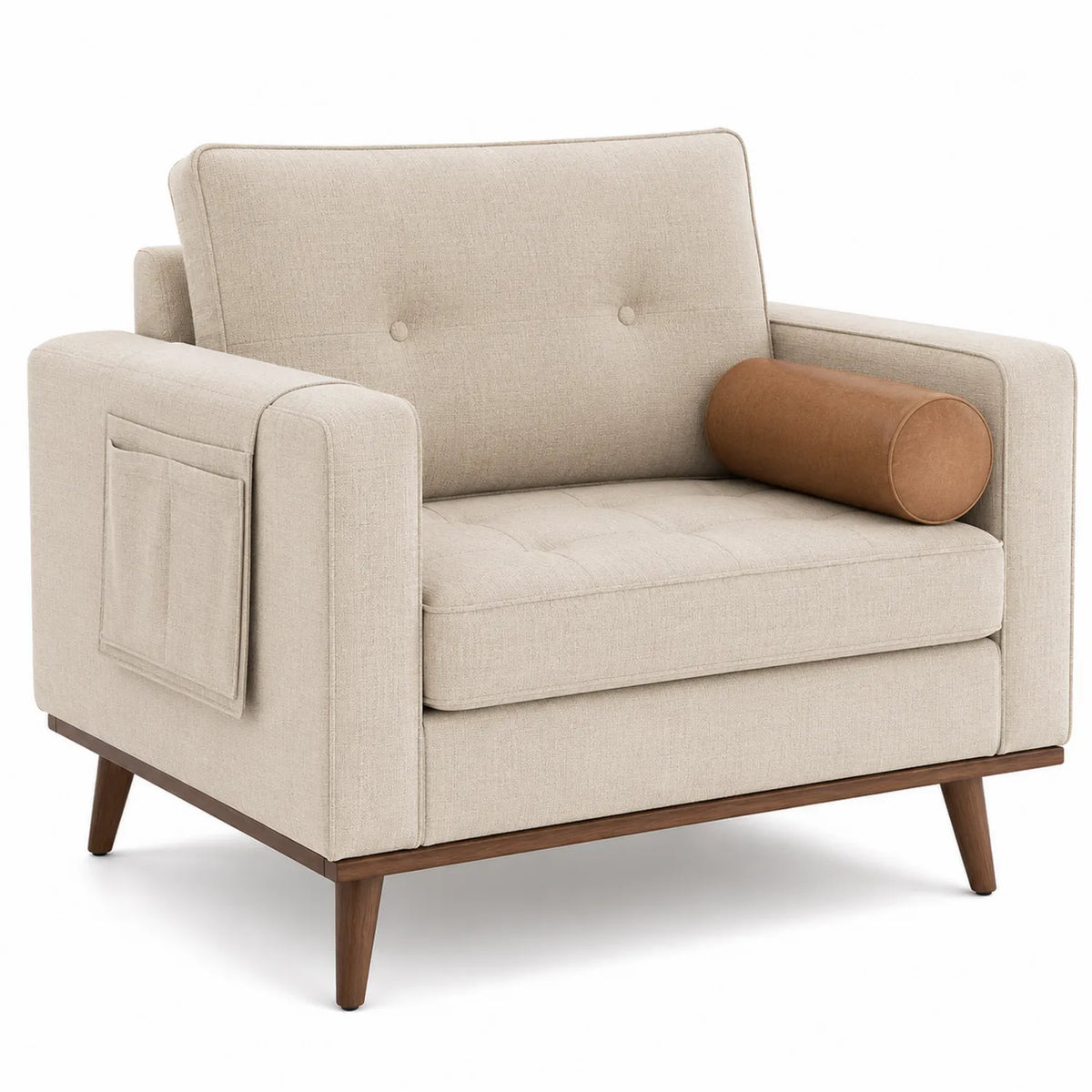 Polstersessel Leinen Beige mit Holzbeinen und Kunstlederkissen