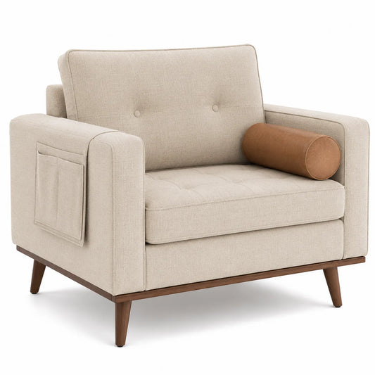 Polstersessel Leinen Beige mit Holzbeinen und Kunstlederkissen
