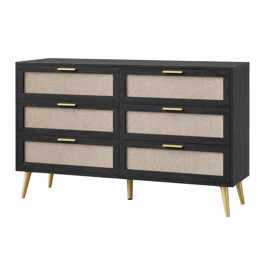 Kommode mit 6 Schubladen Holz Rattan Schwarz Beige
