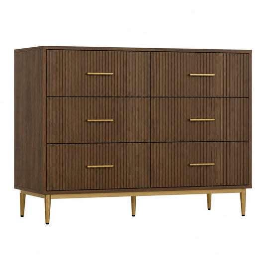 Kommode mit 6 Schubladen, Holz, Walnuss, Messingfarben