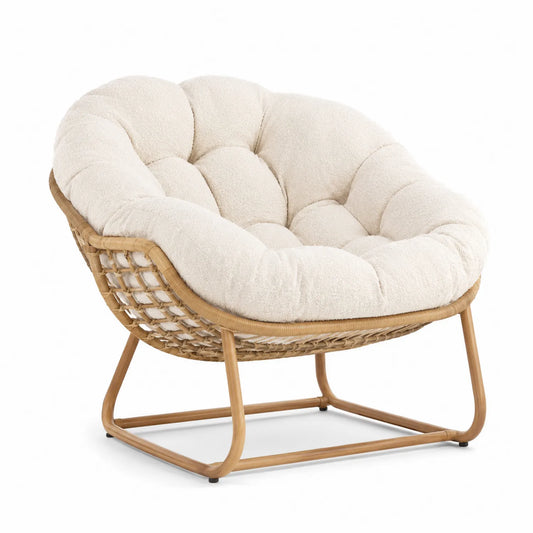 Rattan Lounge-Sessel mit Bouclé Creme